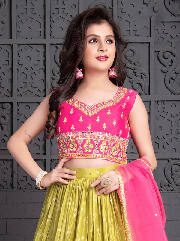 Printed olive silk lehenga choli