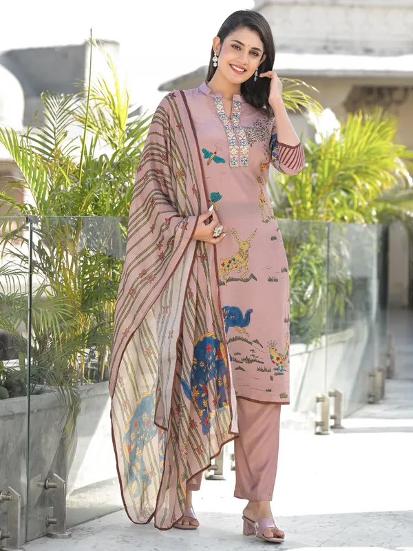 printed onion pink satin silk salwar kameez