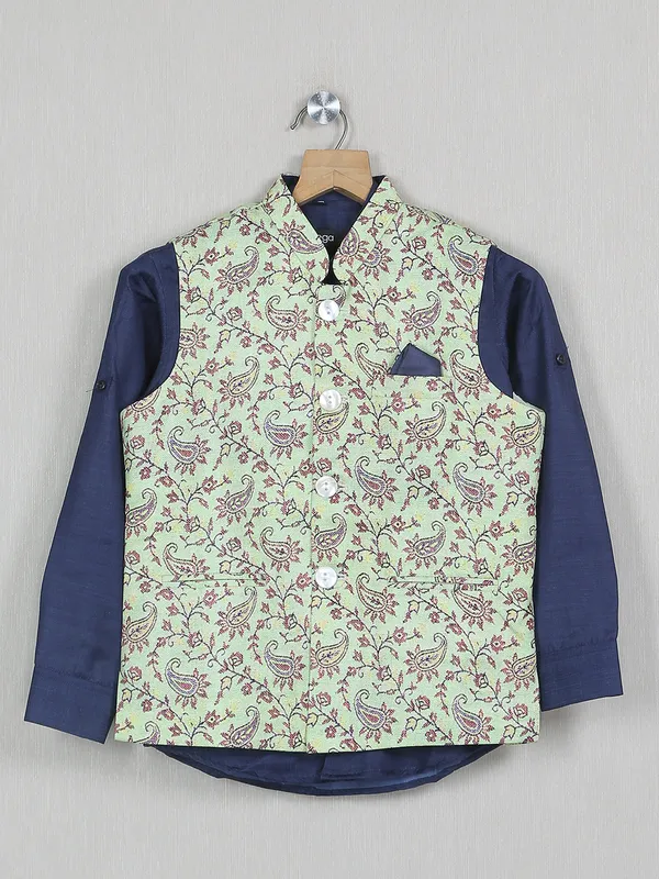 Printed optic green cotton silk boys waistcoat with shirt