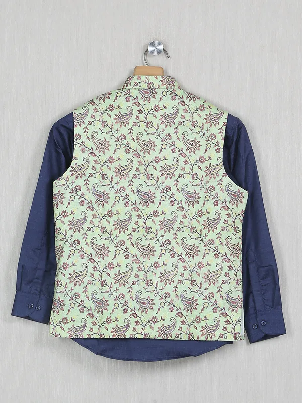 Printed optic green cotton silk boys waistcoat with shirt