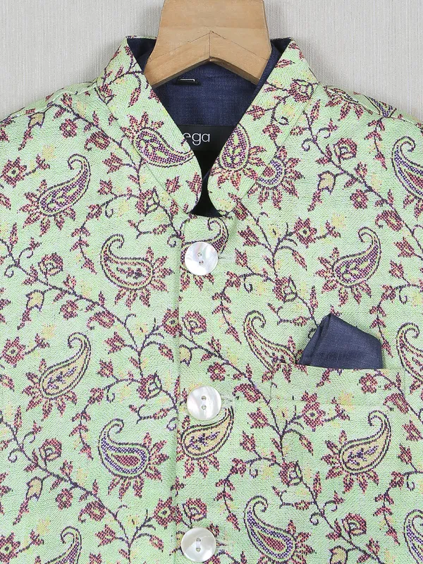 Printed optic green cotton silk boys waistcoat with shirt