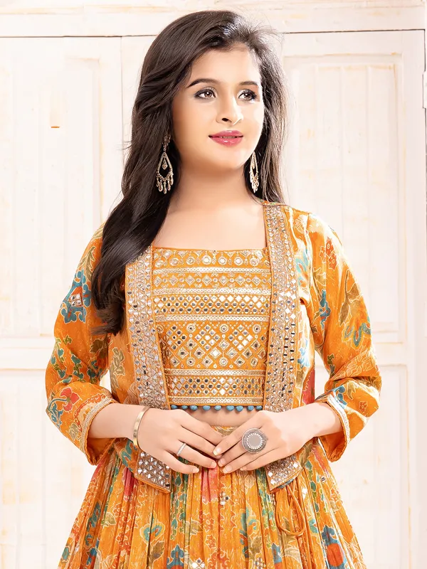 Printed orange silk lehenga choli for girls