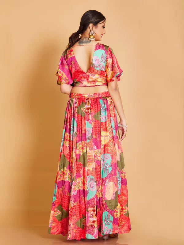 Printed orange silk lehenga with crop top