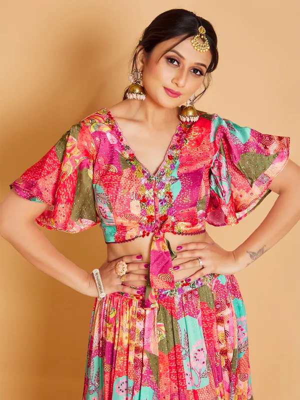 Printed orange silk lehenga with crop top