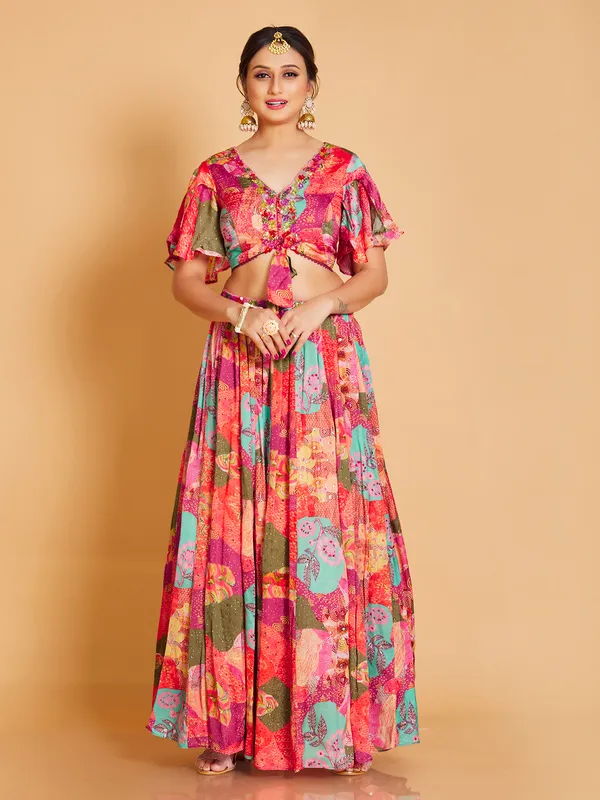 Printed orange silk lehenga with crop top