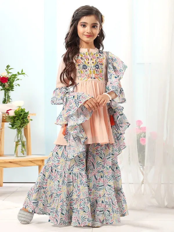 Printed peach and white silk sharara salwar suit