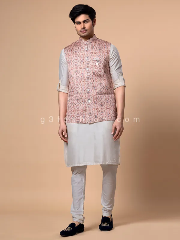 Printed peach color silk waistcoat set