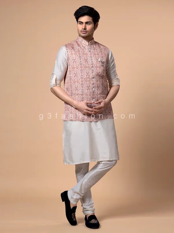 Printed peach color silk waistcoat set