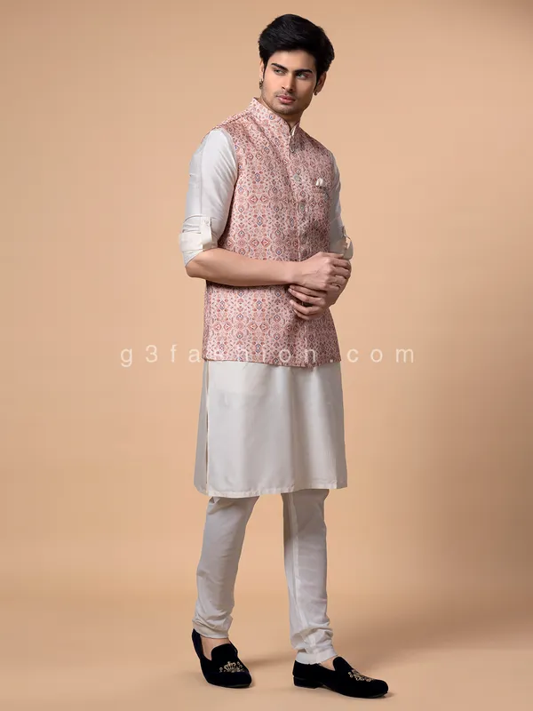 Printed peach color silk waistcoat set