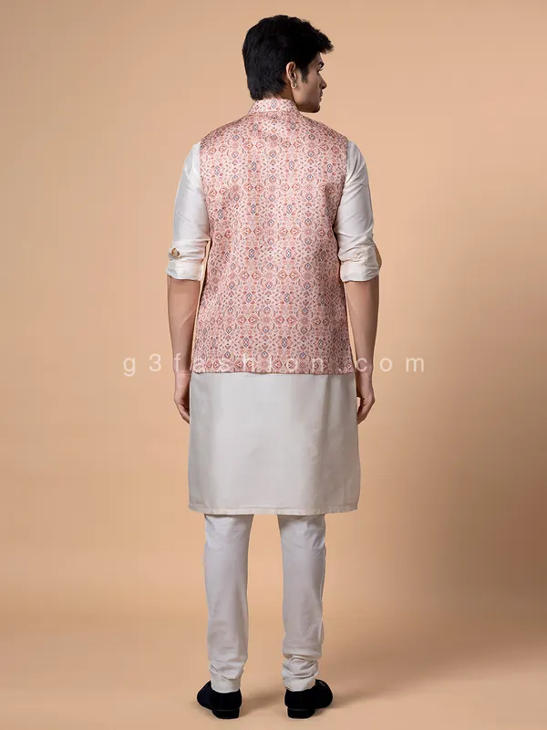 Printed peach color silk waistcoat set