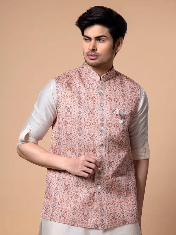Printed peach color silk waistcoat set