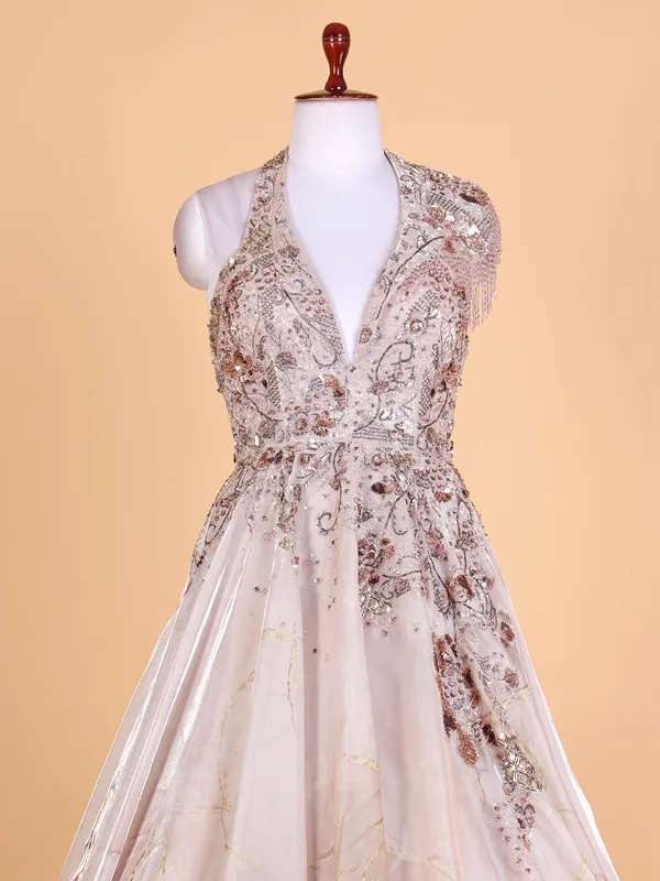 Printed peach organza designer gown