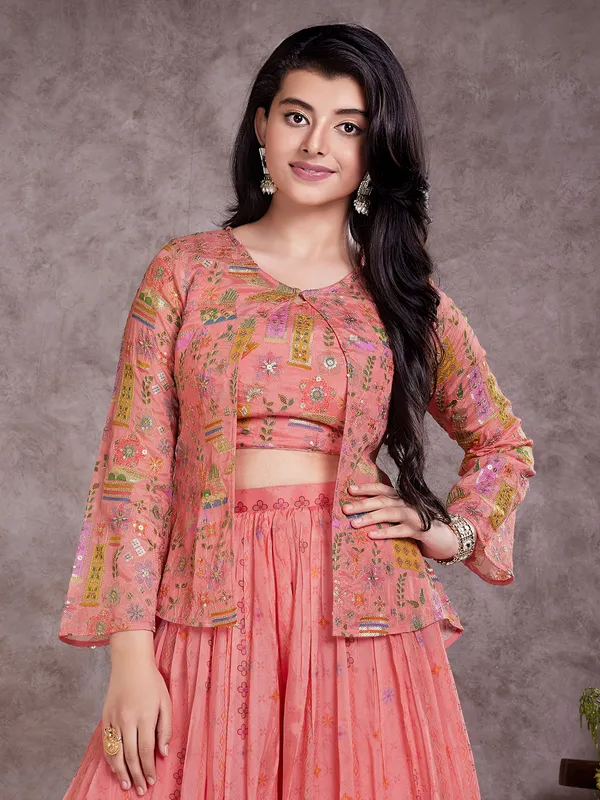 Printed peach silk palazzo suit