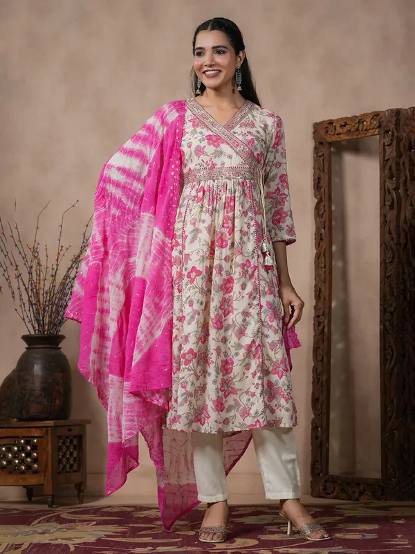 Printed pink and off white kurti set