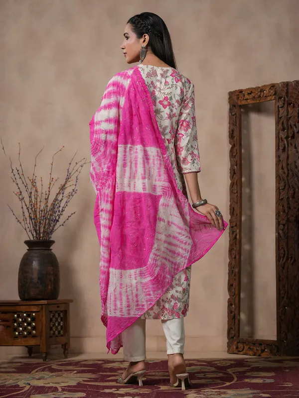 Printed pink and off white kurti set