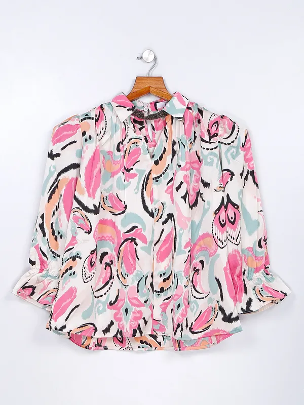 Printed pink and white casual top