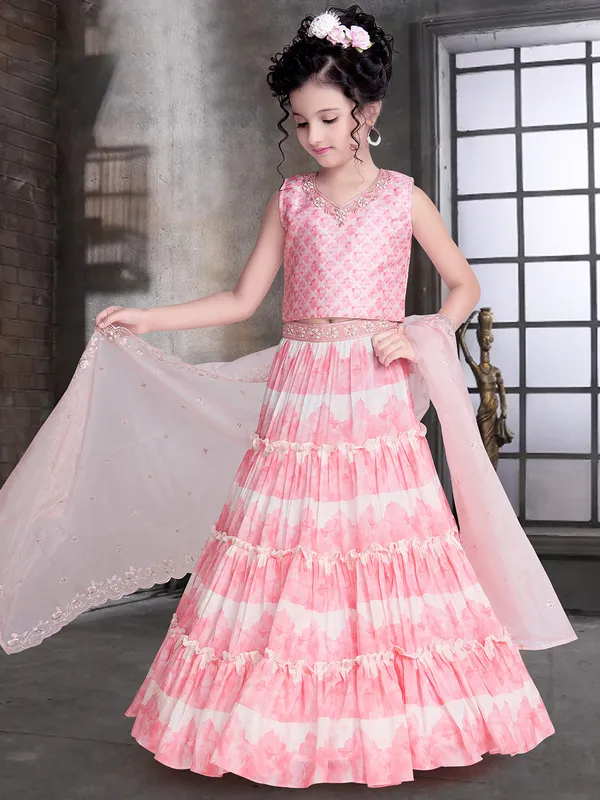 Printed pink color silk lehenga choli for girls