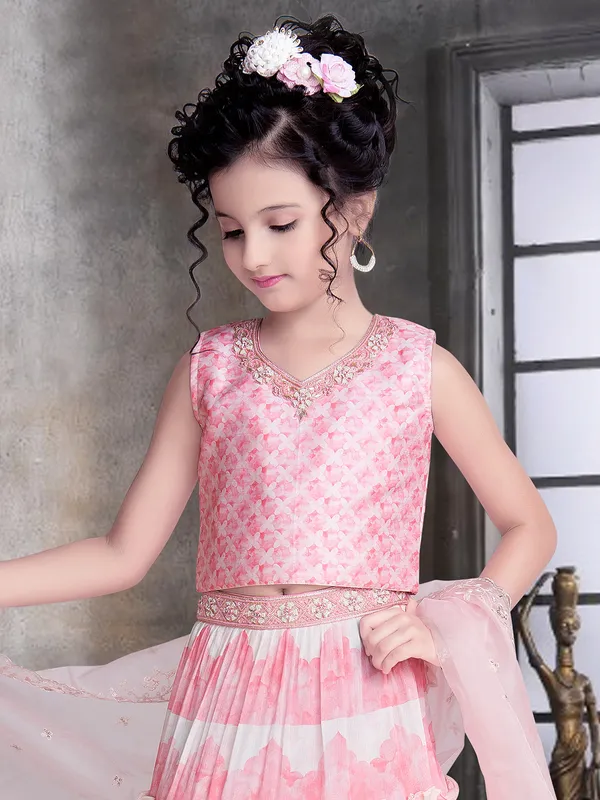 Printed pink color silk lehenga choli for girls