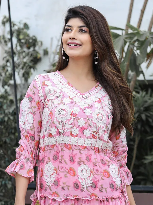 Printed pink cotton kurti for casual