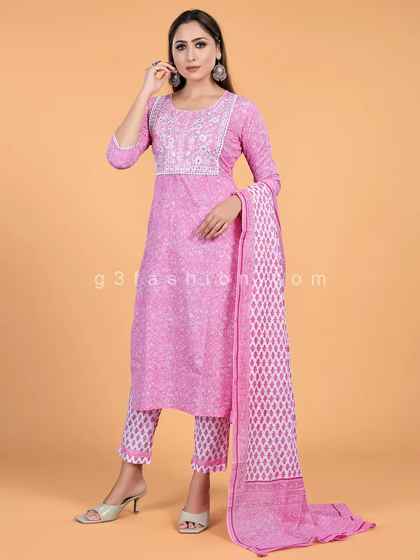 Printed pink cotton pant suit for casual wear
