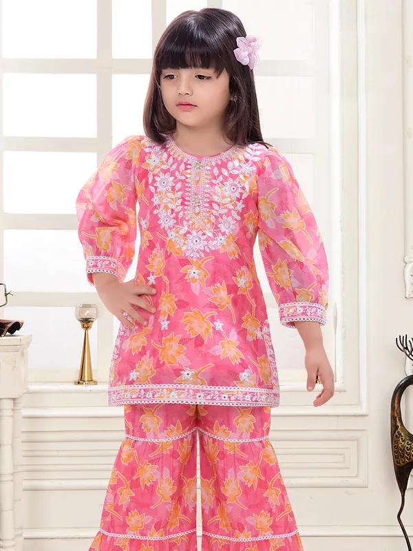 Printed pink cotton sharara salwar suit