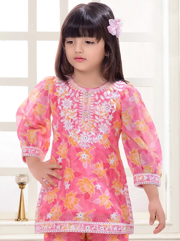 Printed pink cotton sharara salwar suit