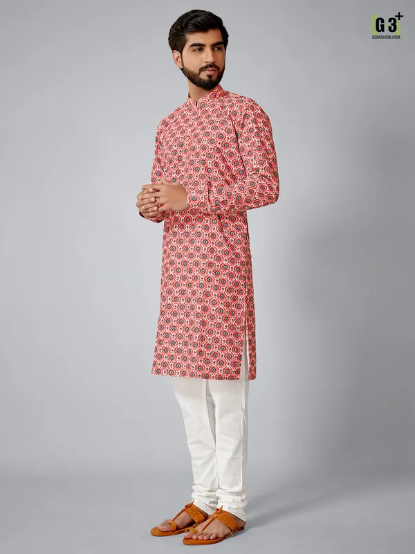 Printed pink cotton silk  Men Kurta pajama for festive