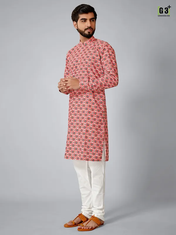 Printed pink cotton silk kurta suit for festive