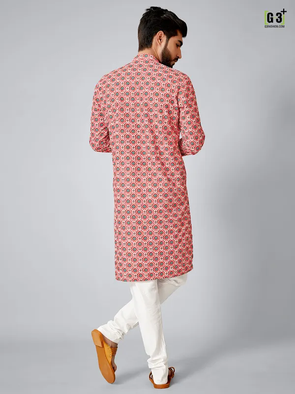 Printed pink cotton silk  Men Kurta pajama for festive