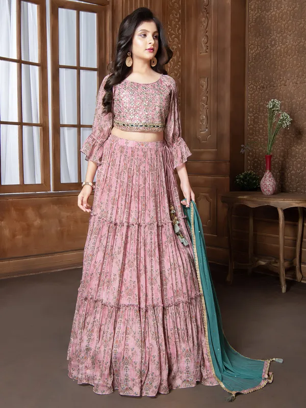 Printed pink georgette lehenga choli for wedding