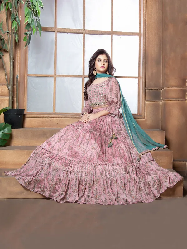 Printed pink georgette lehenga choli for wedding