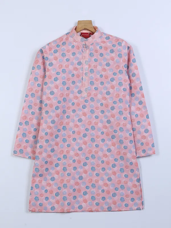 Printed pink kurta suit in silk for boys