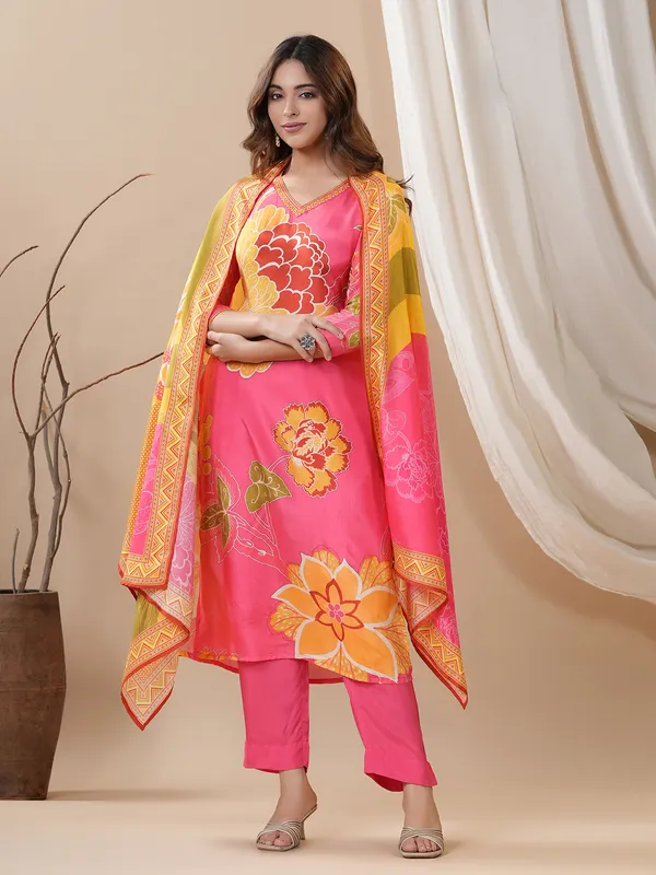 Printed pink kurti set in silk