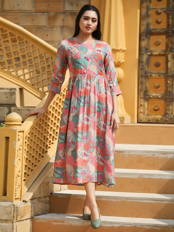 Printed pink long kurti in silk