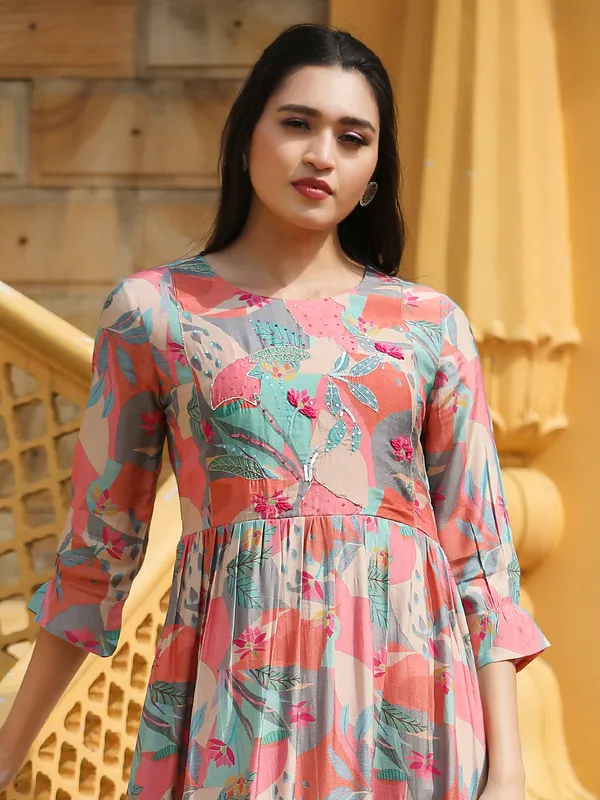 Printed pink long kurti in silk