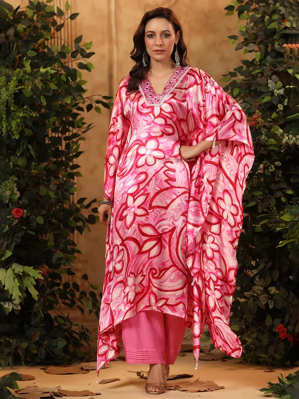 Printed pink satin kurti set for women