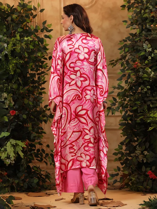 Printed pink satin kurti set for women