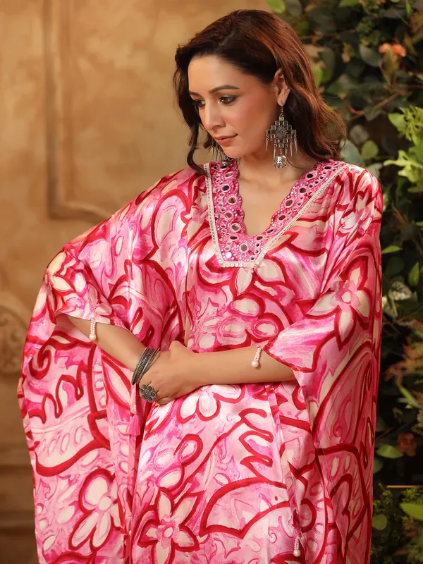 Printed pink satin kurti set for women