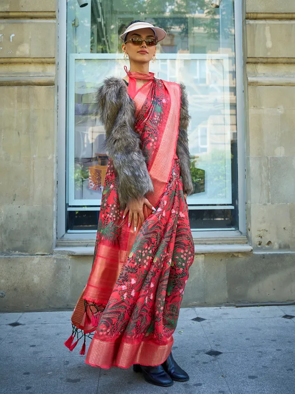 Printed pink satin organza saree