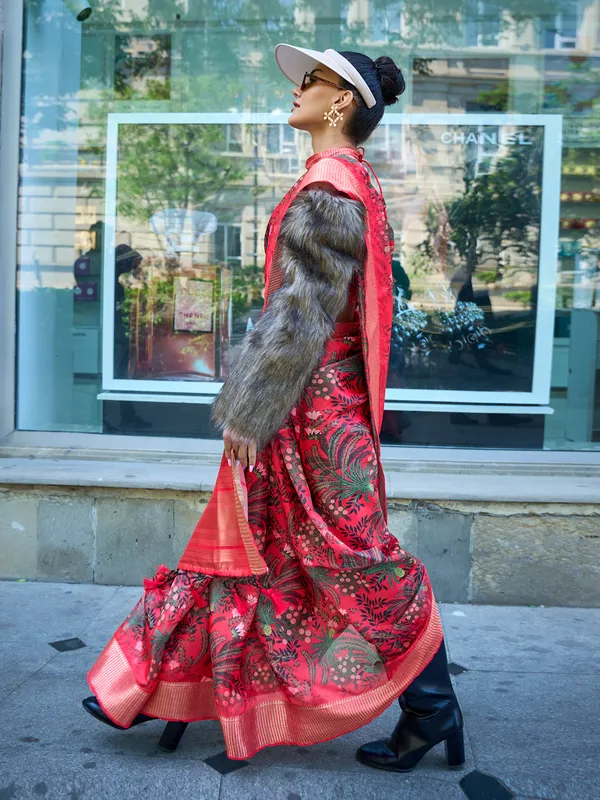 Printed pink satin organza saree