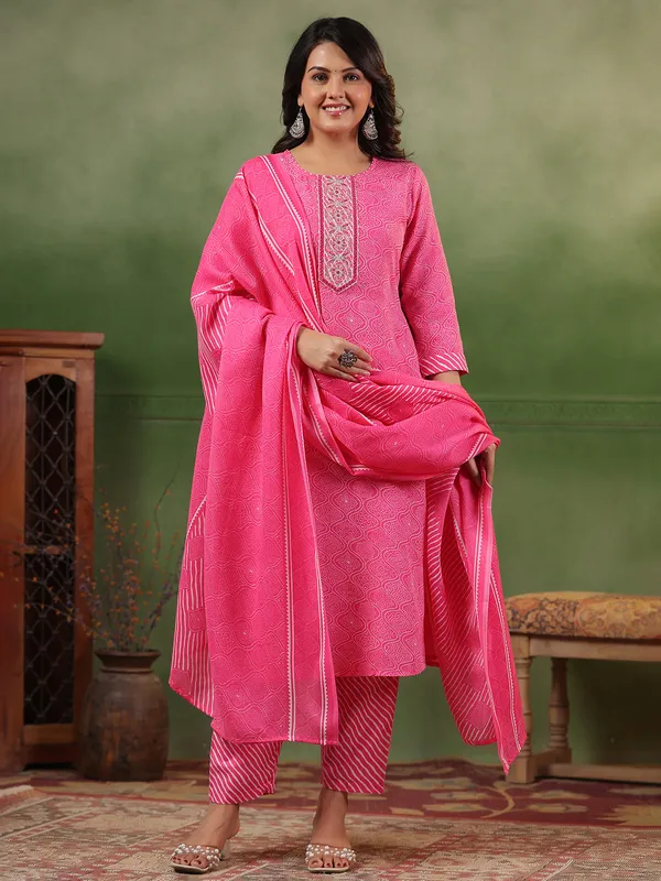 Printed pink silk kurti set with dupatta