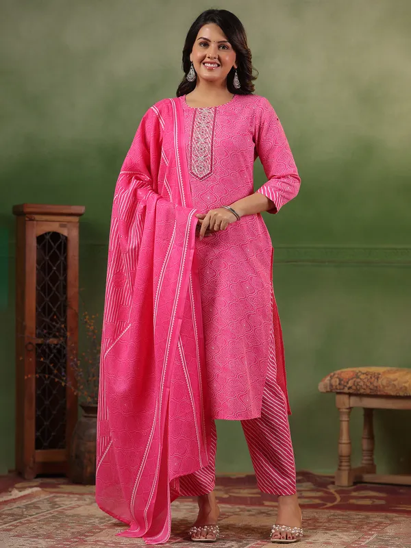 Printed pink silk kurti set with dupatta