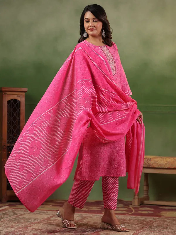 Printed pink silk kurti set with dupatta