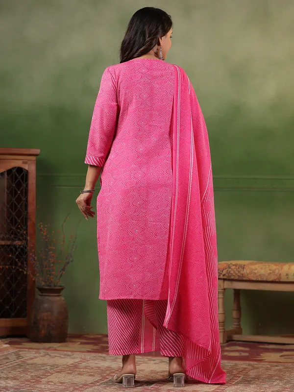 Printed pink silk kurti set with dupatta