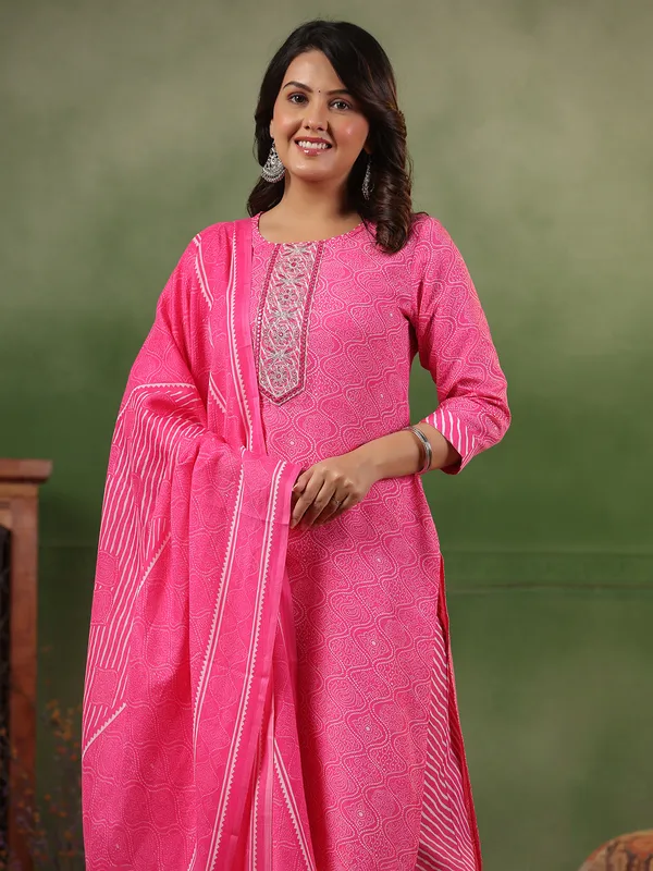 Printed pink silk kurti set with dupatta