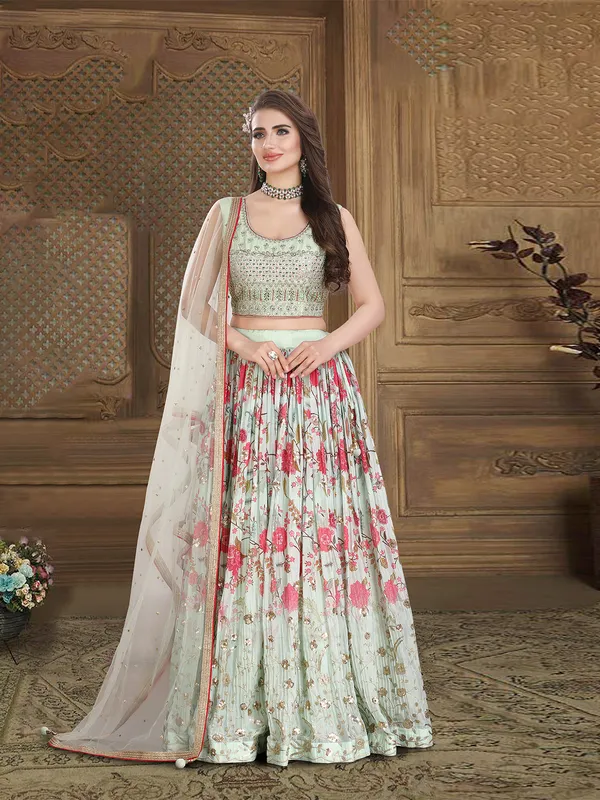 Printed pista green georegtte lehenga choli