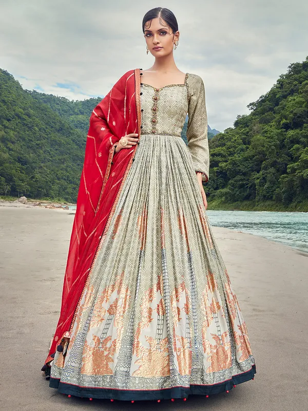 Printed pista green silk anarkali suit for wedding