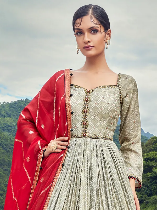 Printed pista green silk anarkali suit for wedding