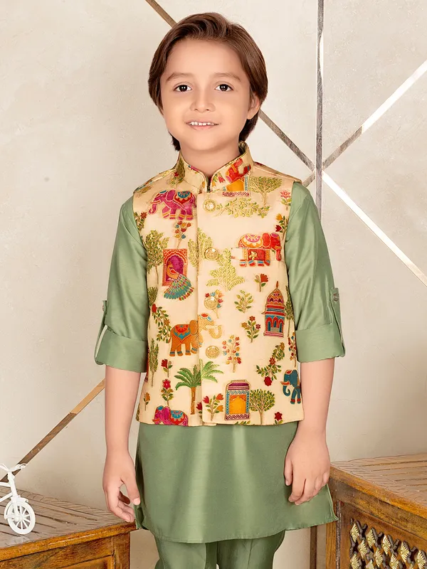 Printed pista green silk waistcoat set for boys