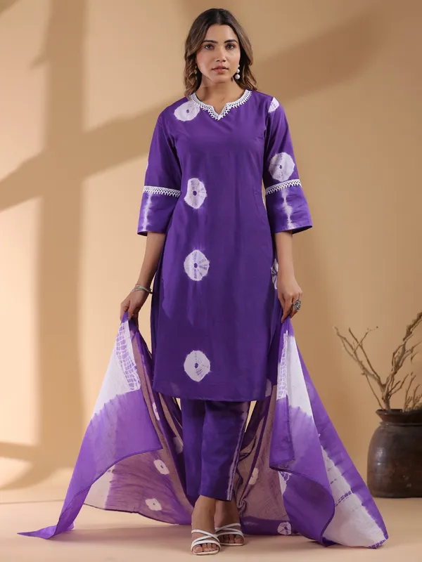 Printed purple cotton silk kurti set